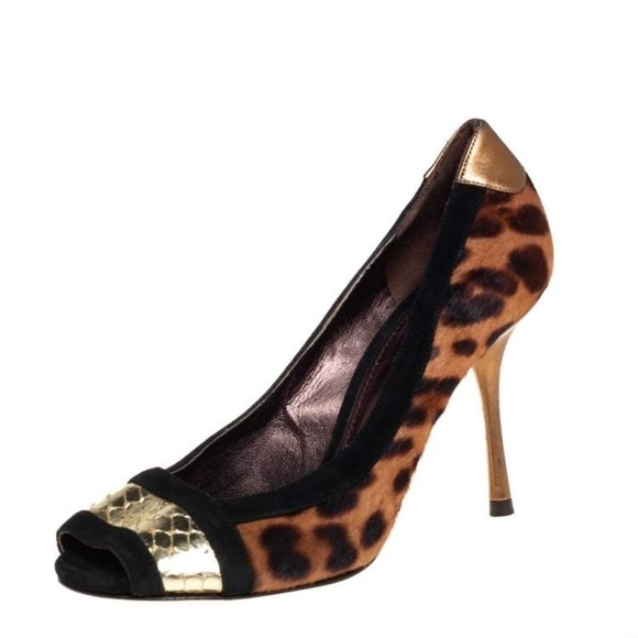Dolce & gabbana / pony calf hair leopard multi peep open toe pumps 39 9 heels - Picture 1 of 11